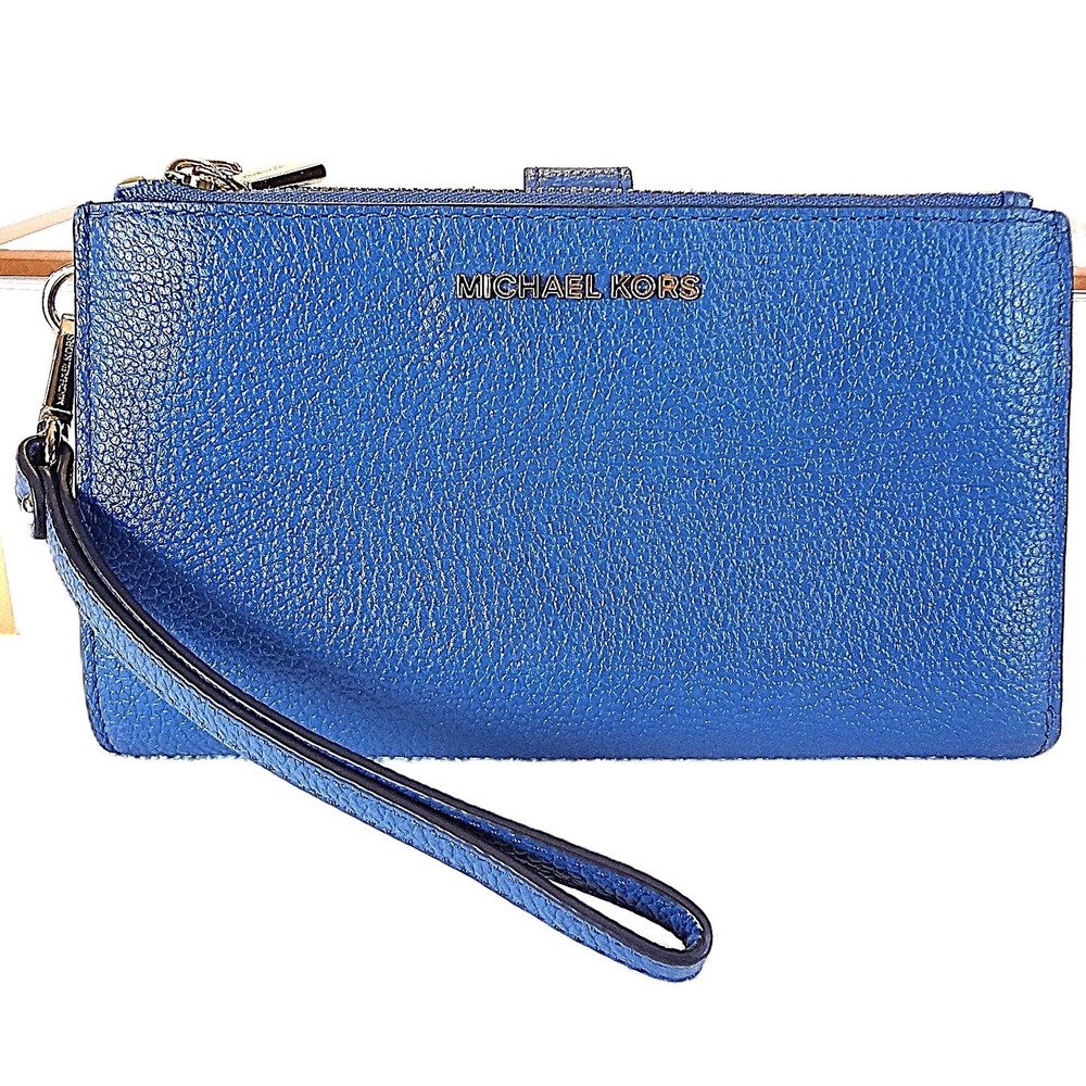 Michael Kors Jet Set Travel Double Zip Blue Leather Wristlet Wallet Clutch
